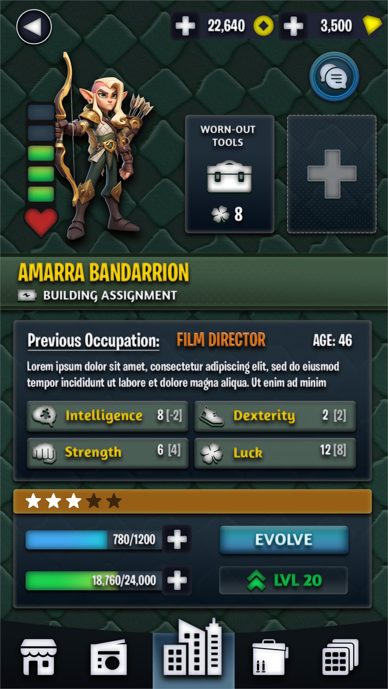 First draft of the character screen layout