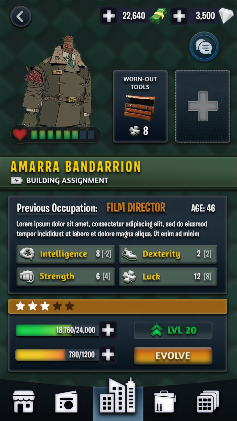 Second draft of the character screen layout