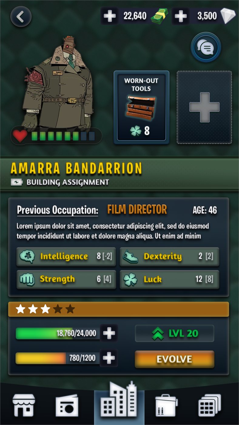 Third draft of the character screen layout