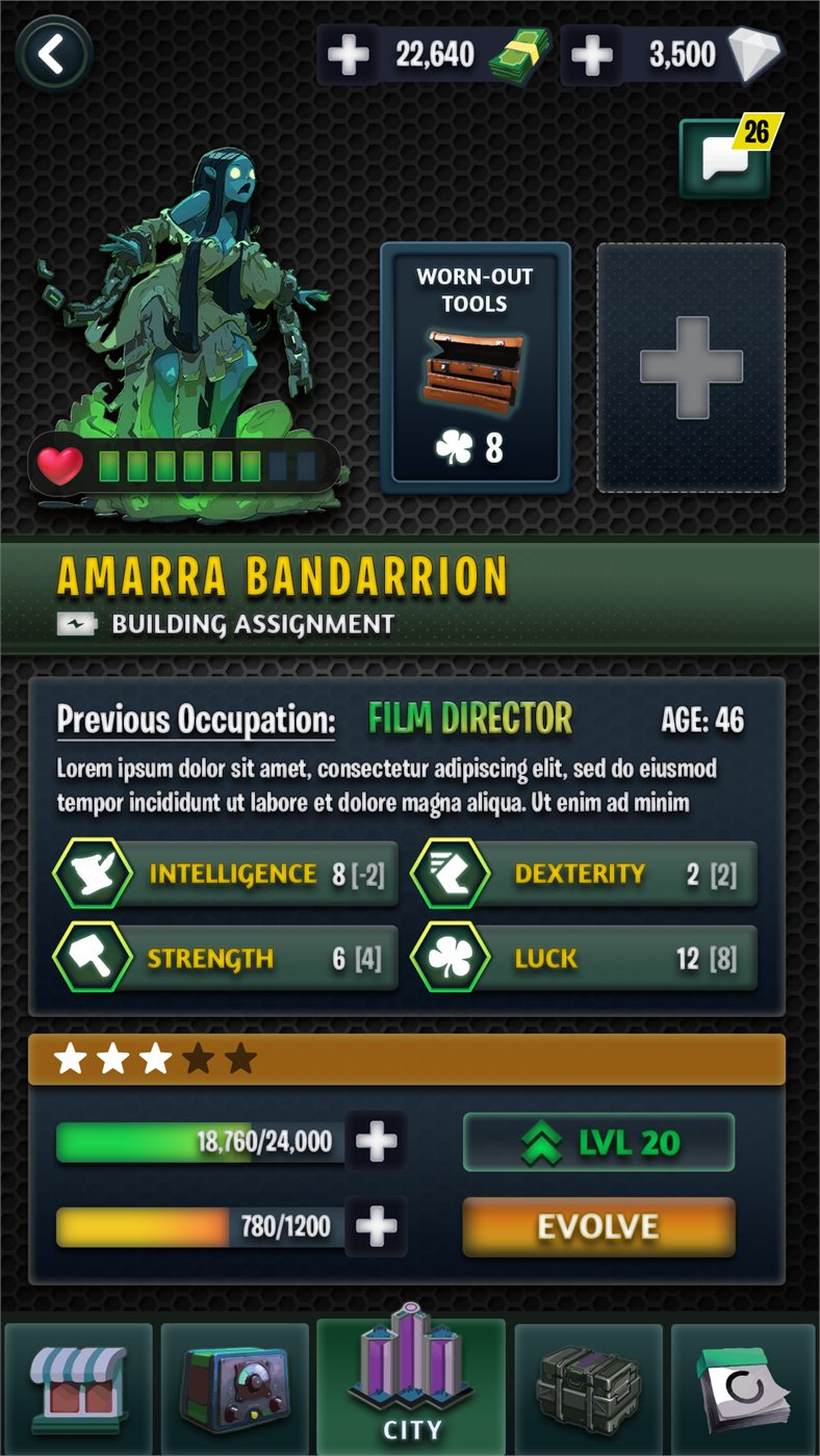 Final character screen: a mutated survivor portrait over a dark hex-pattern panel, with name and building assignment, previous occupation, four attribute stats, a star rating, XP and evolve bars and a five-icon bottom bar