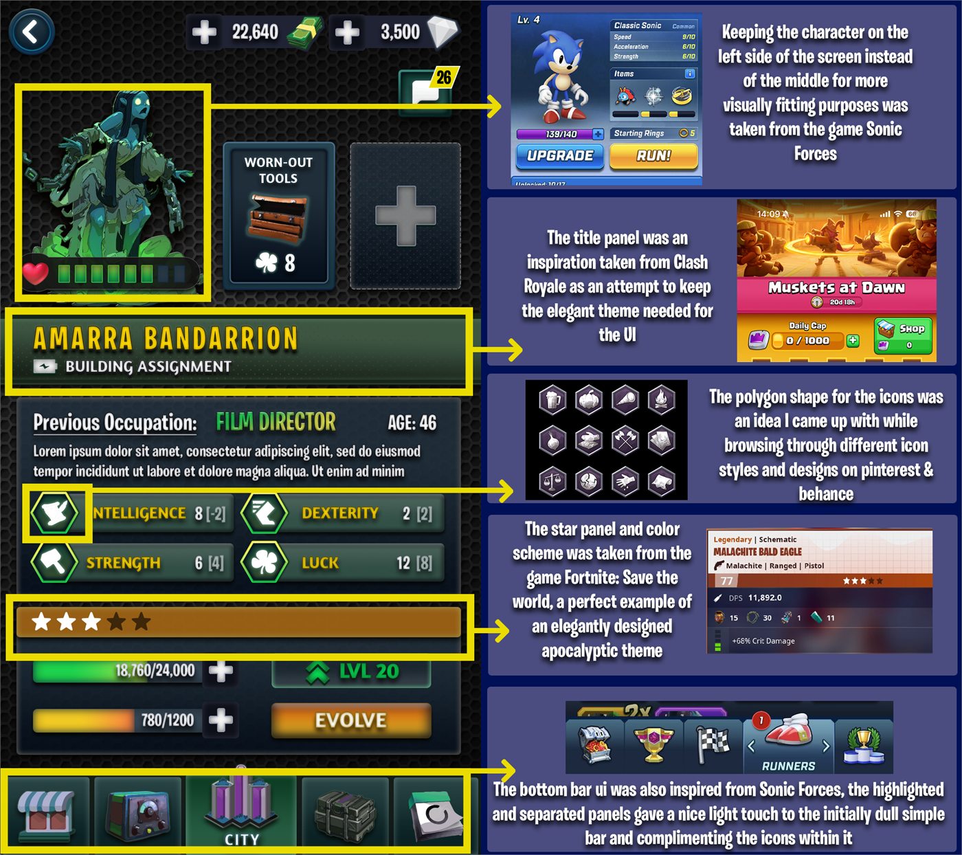 Annotated reference sheet placing the final screen beside screenshots from other studios' games, with notes explaining which layout and colour decisions each one informed