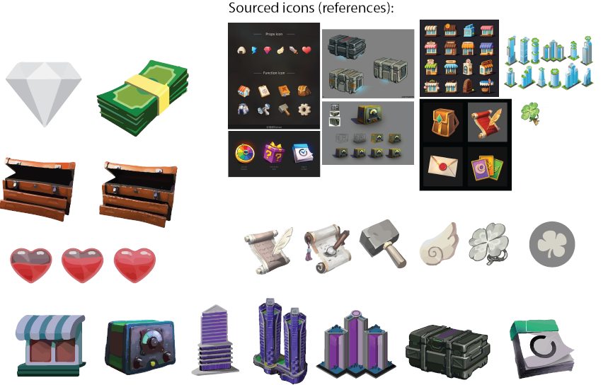 Icon design sheet: currency, chest, heart, scroll, hammer and building icons, shown alongside the third-party icon sets used as reference