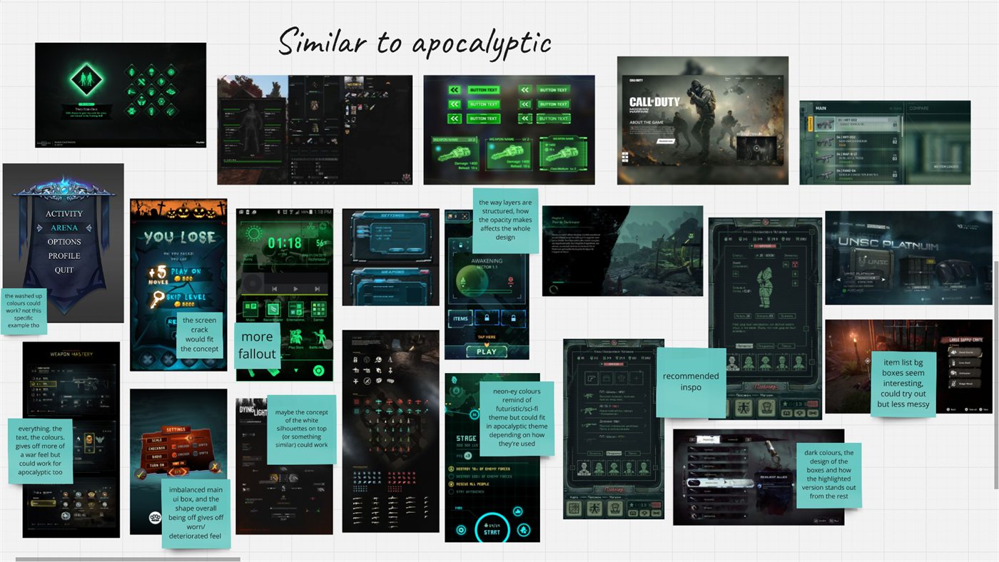 Moodboard of collected interface screenshots from other studios' games, annotated with notes on layout, colour and mood