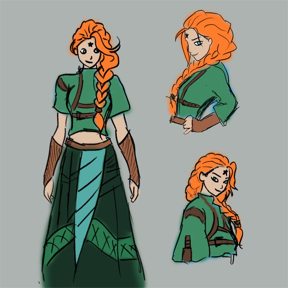 Digital character design sheet of a figure with a long orange braid in a green tunic, shown in three views