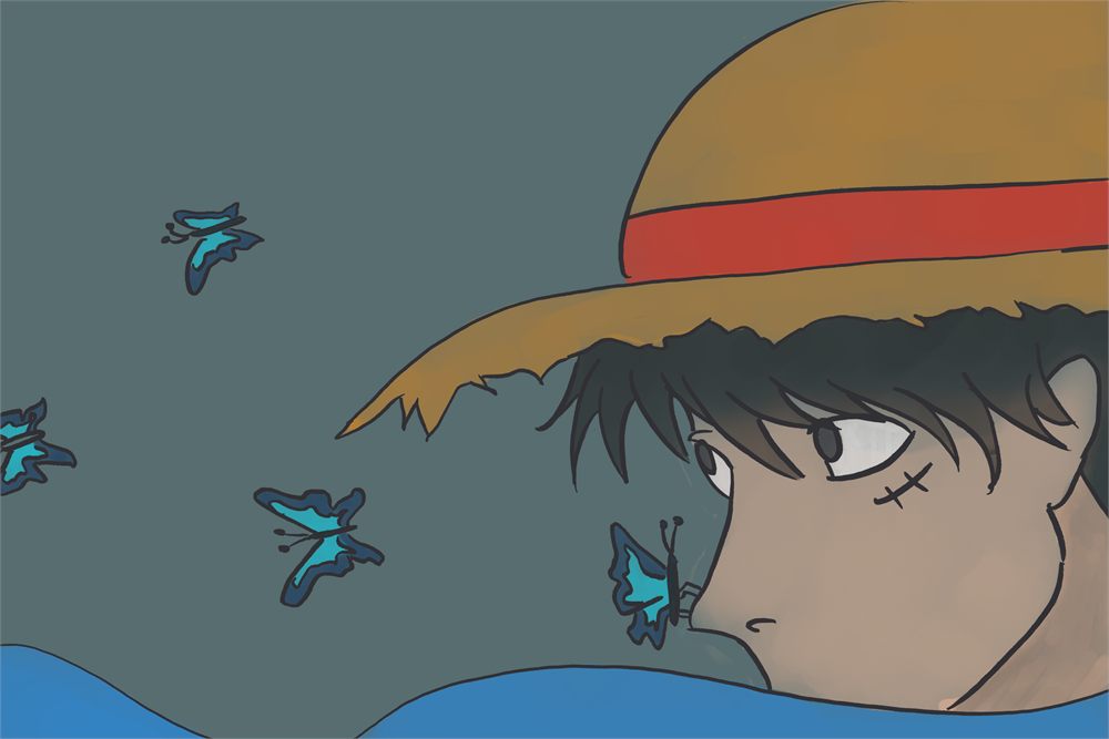 Digital illustration of a straw-hatted figure in profile with blue butterflies