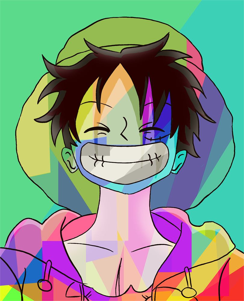 Digital portrait of a grinning figure, coloured in overlapping prismatic blocks