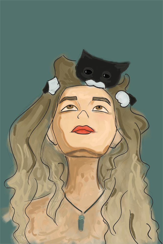 Digital portrait of a long-haired figure looking up, with a black and white cat perched on their head