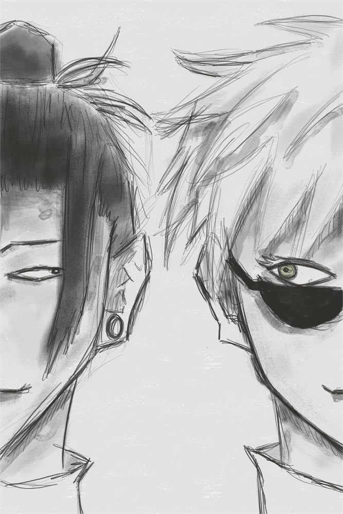 Greyscale digital sketch of two figures facing each other, one wearing an eyepatch