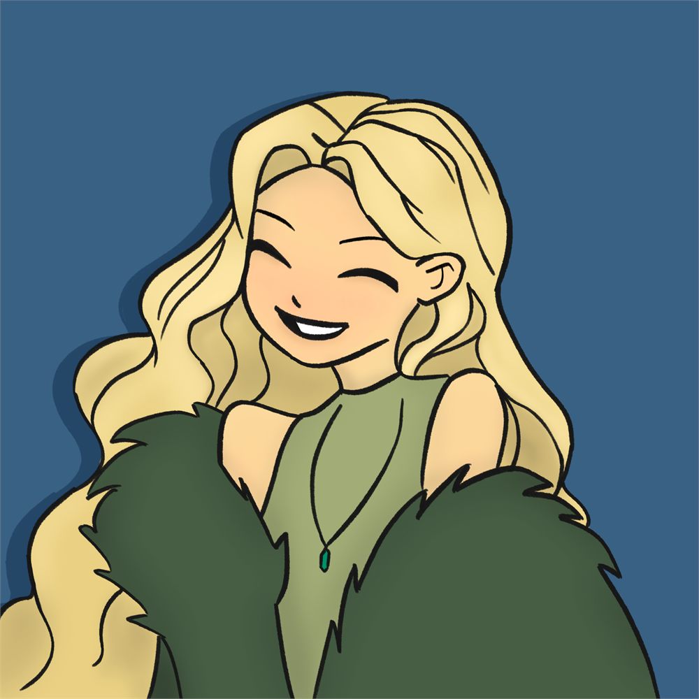 Square avatar portrait of a laughing figure with long blonde hair in a fur-trimmed green coat