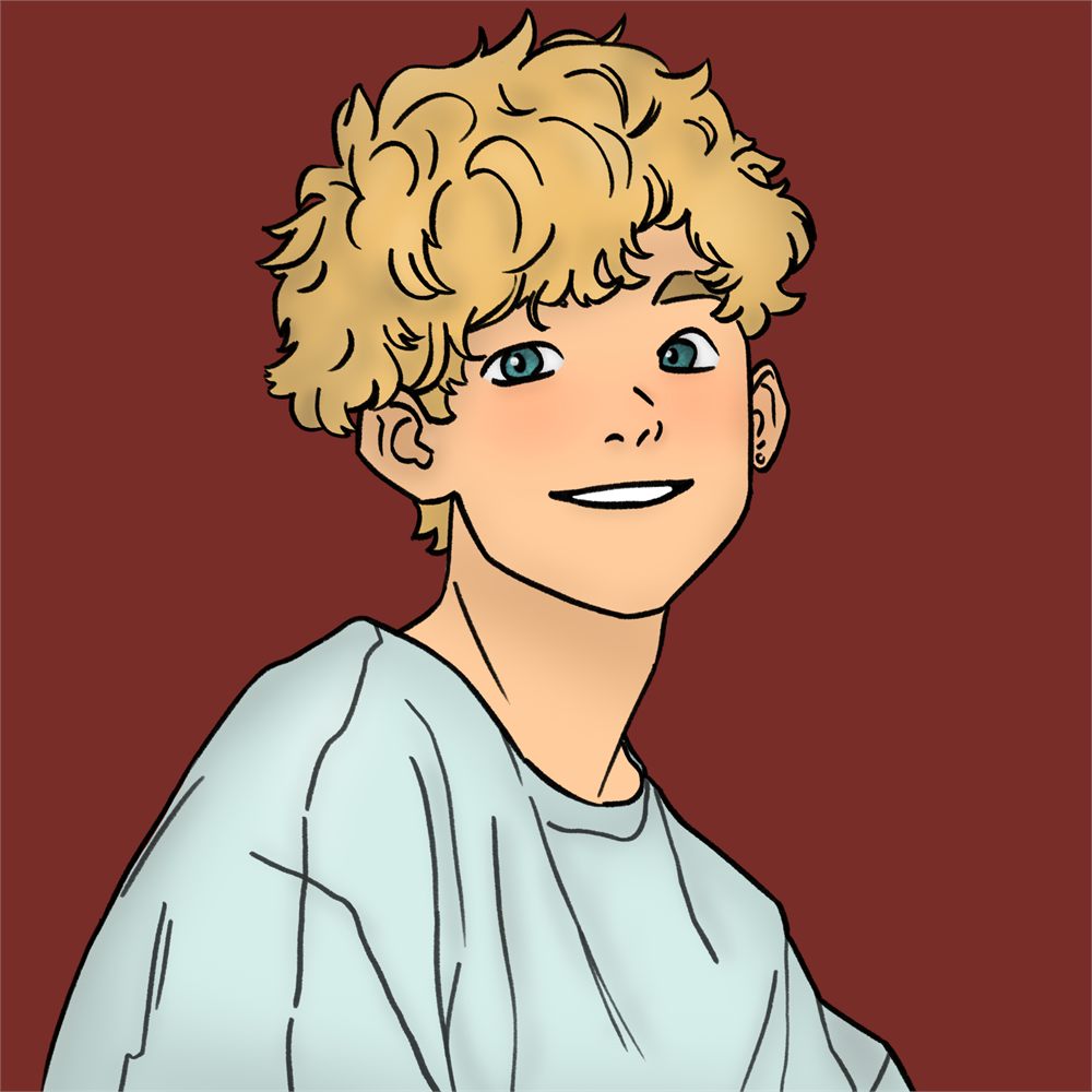 Character portrait: a curly blond boy in a pale blue shirt against a deep red ground