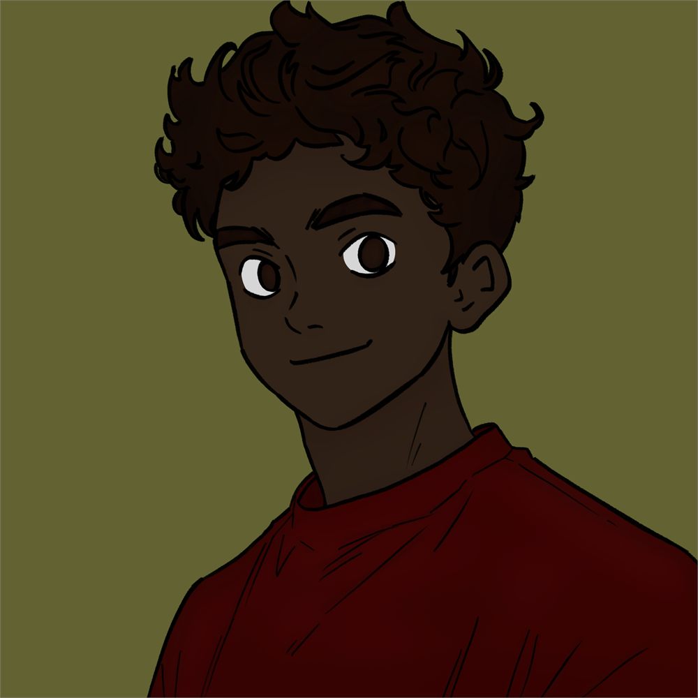 Square avatar portrait of a figure with curly hair in a red shirt