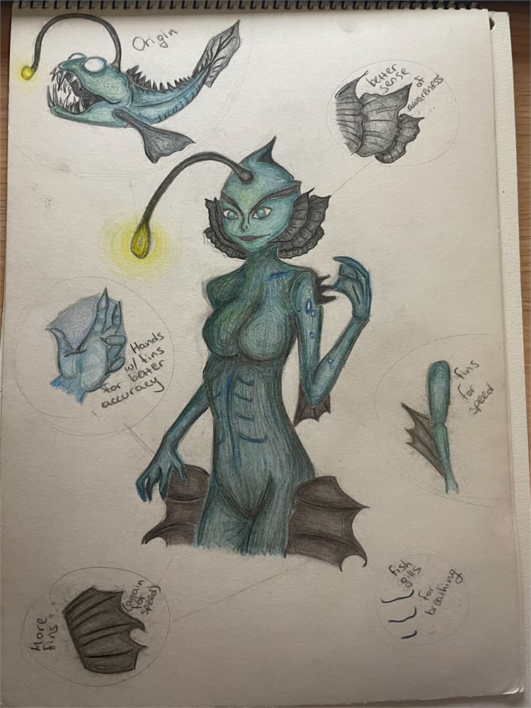 Coloured-pencil character design sheet of an anglerfish-inspired figure, with annotated studies of fins, hands and gills