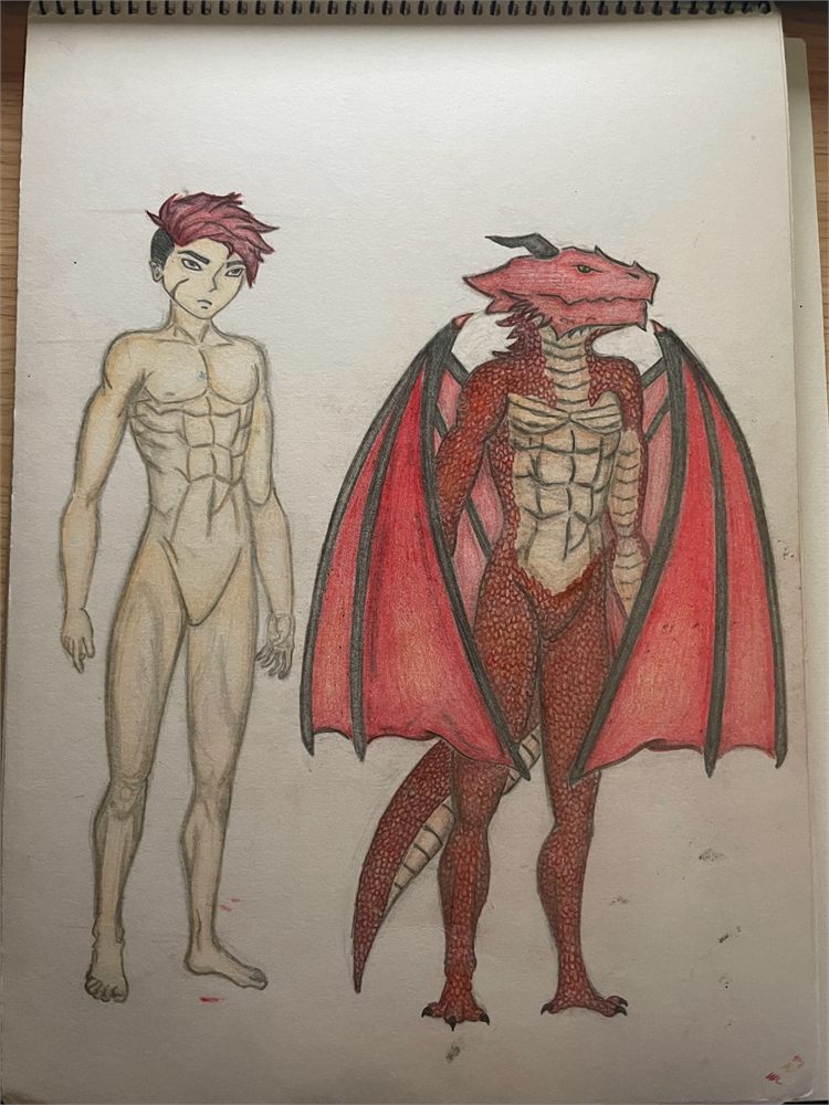 Coloured-pencil character design sheet showing a human figure beside a winged red dragon character