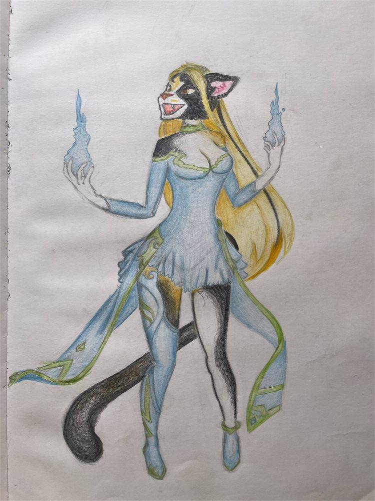 Coloured-pencil drawing of a cat-masked figure holding blue flames