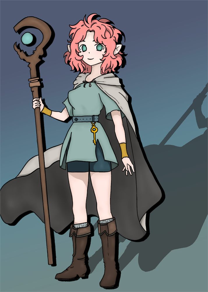 Digital illustration of a pink-haired figure in a cape holding a tall staff