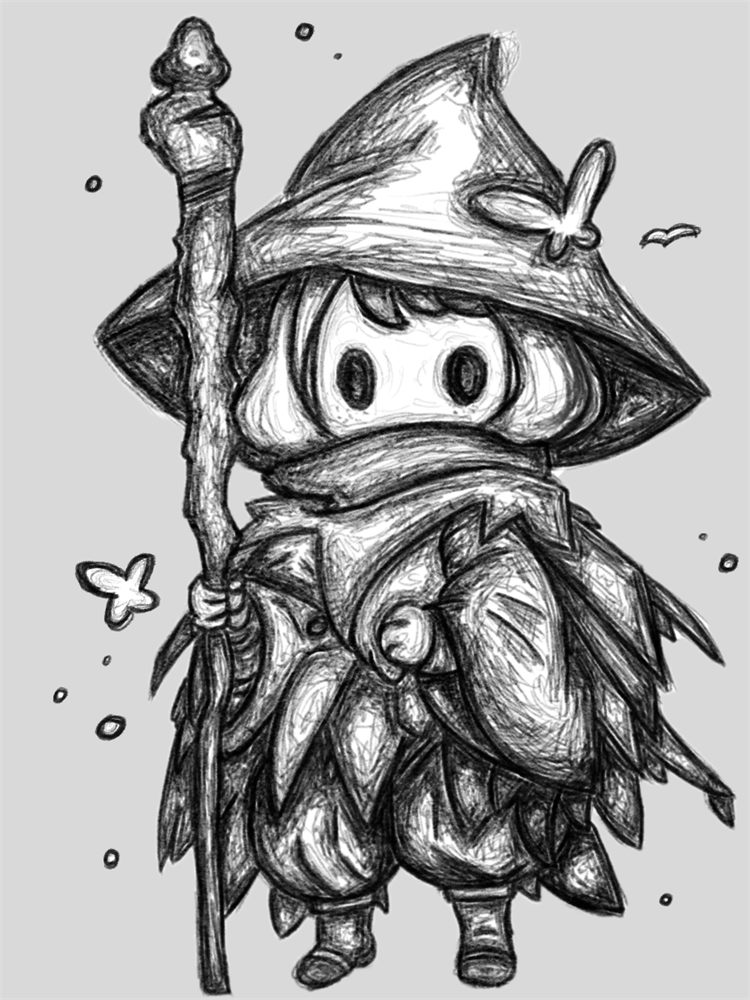 Greyscale pencil sketch of a small hooded figure with a staff, surrounded by butterflies