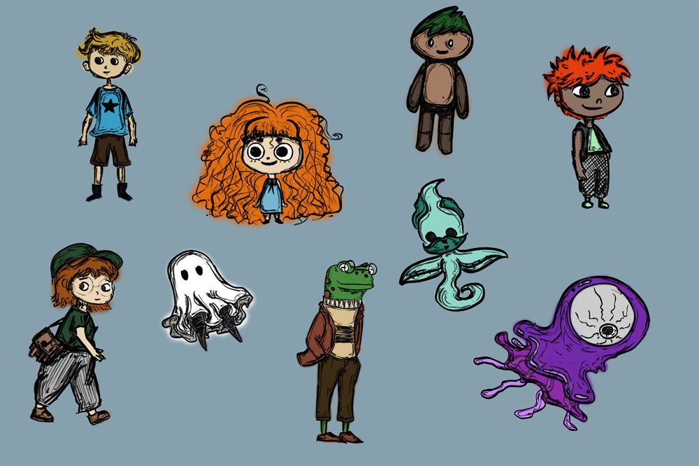 Character line-up sheet: nine designs on a blue-grey ground — four children, a teddy-bear figure, a ghost, a frog-headed character in a jacket, a teal flame spirit and a purple eyeball slime
