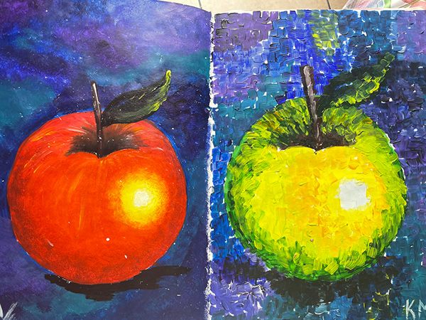 Acrylic study of two apples side by side, one red and one green, each painted with a different brush treatment