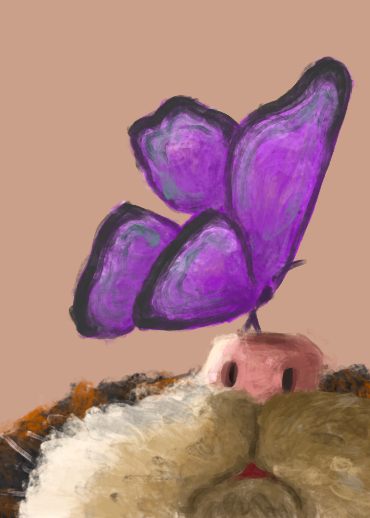 Painted close-up of a purple butterfly resting on a cat's nose
