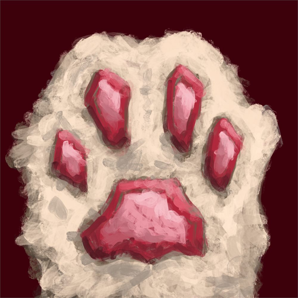 Digital painting of a white cat's paw with red pads against a deep red background