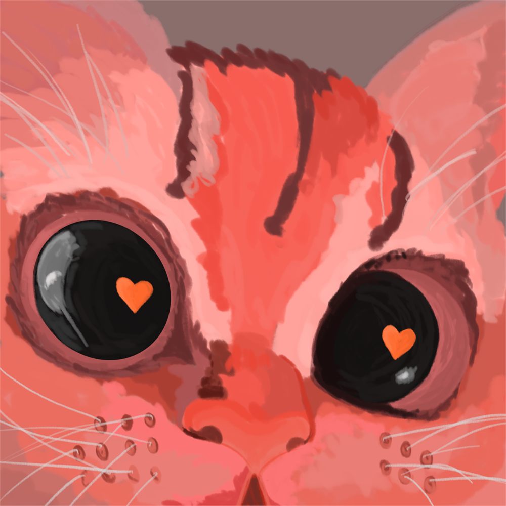 Digital painting of a red tabby cat's face, with heart-shaped highlights in both eyes