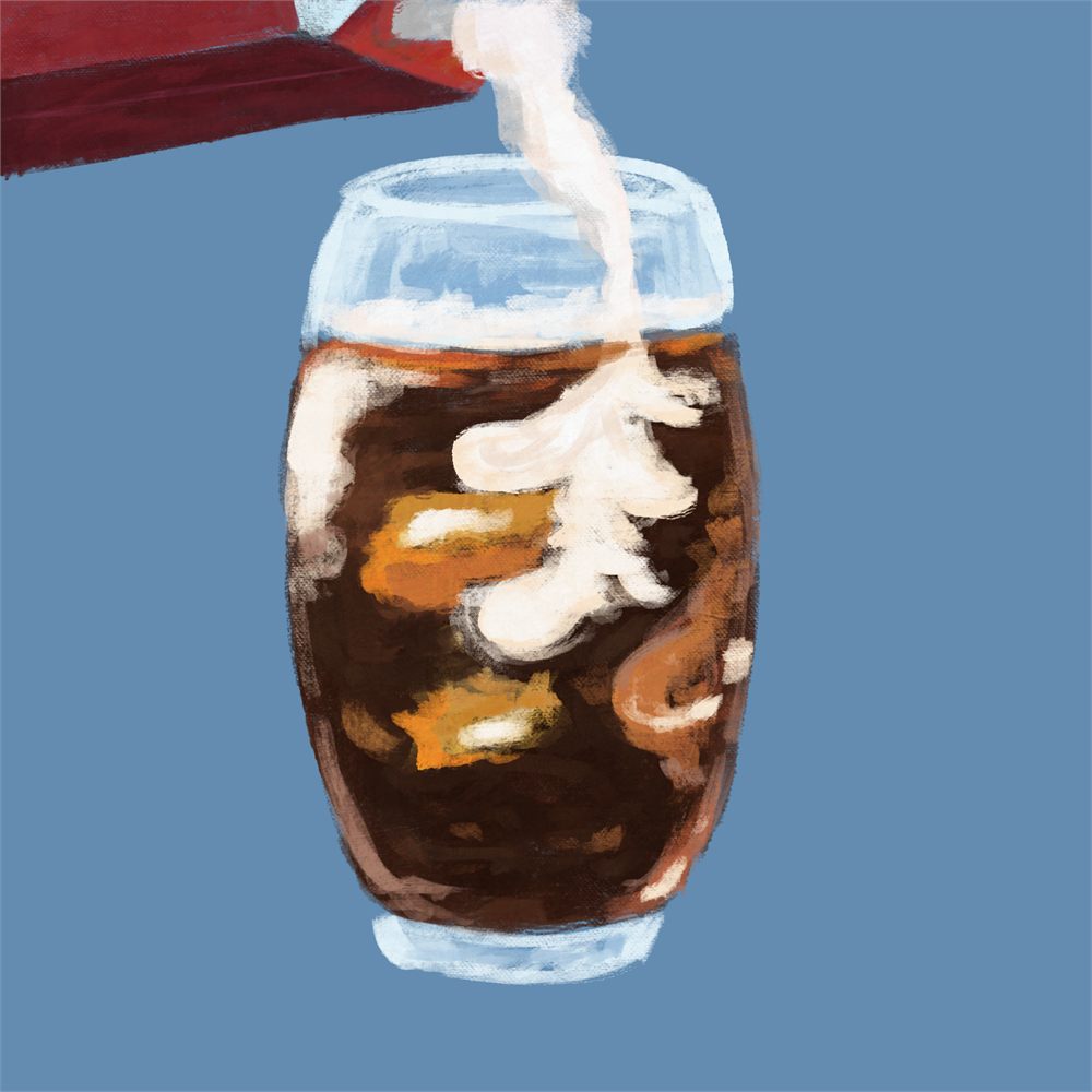 Digital painting of cream being poured into a glass of iced coffee