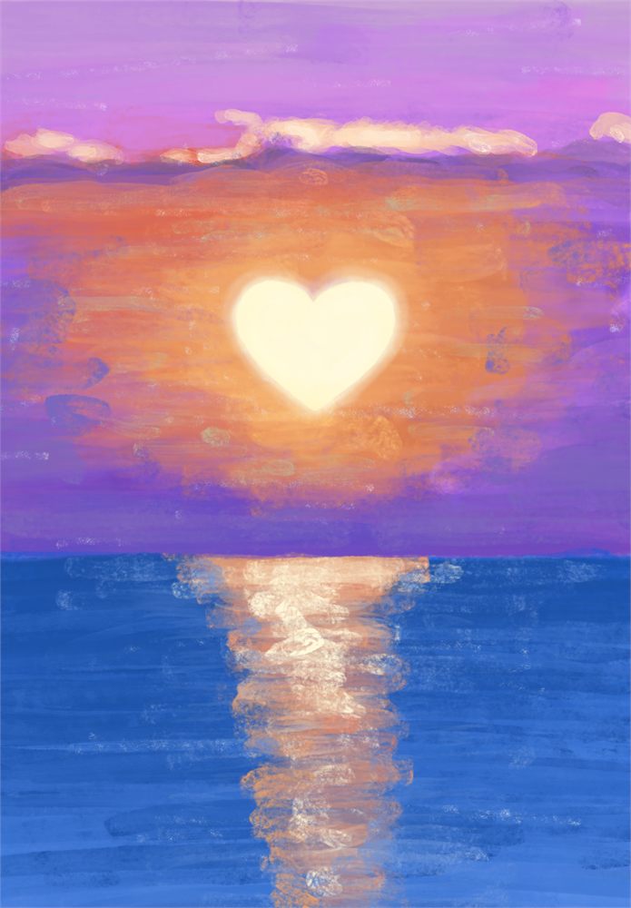 Digital painting of a heart-shaped sun setting over the sea under a purple and orange sky