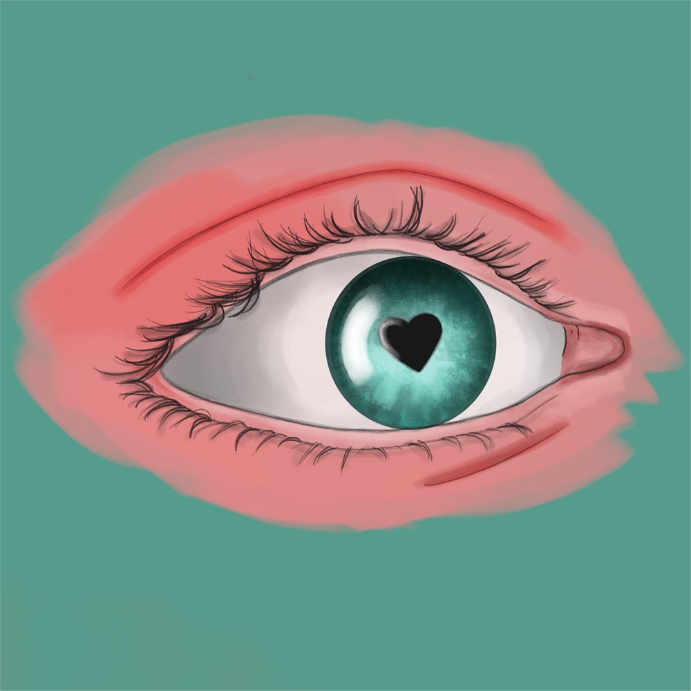 Digital study of an eye with a teal iris and a heart-shaped pupil