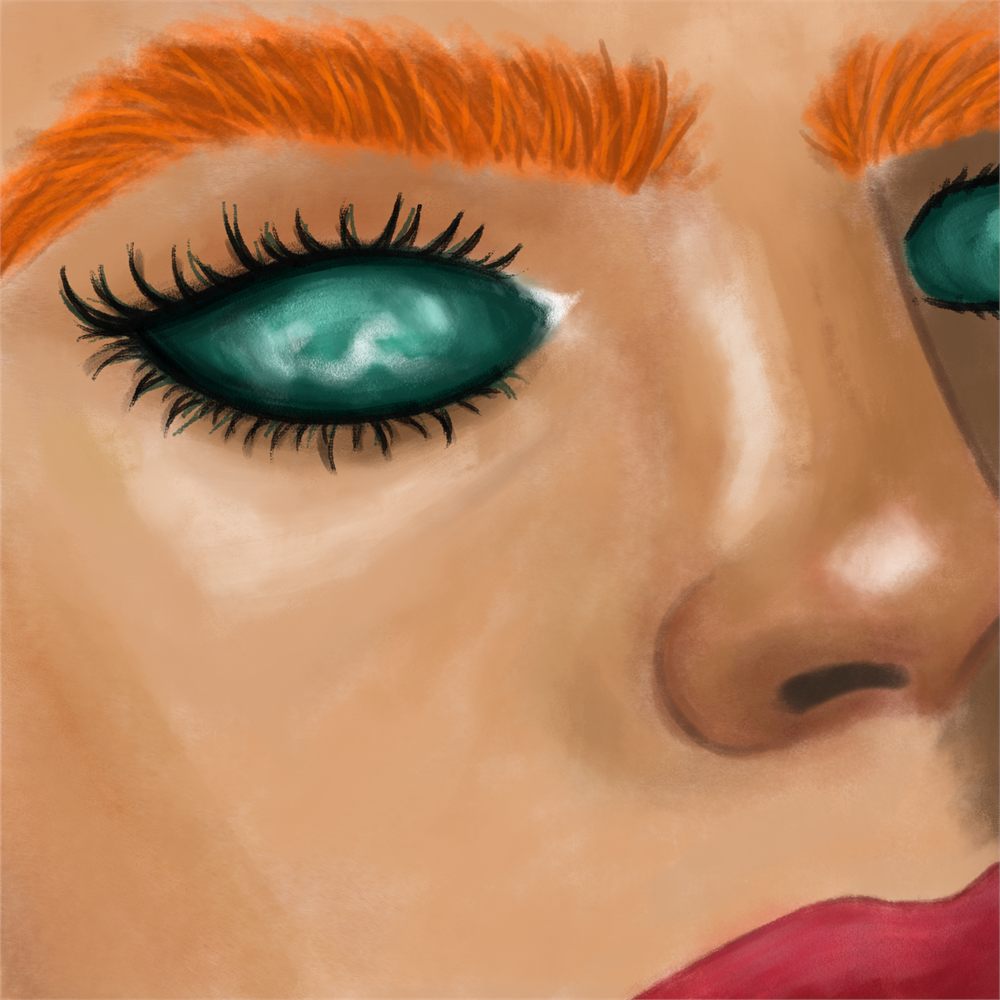 Digital close-up study of a face, focusing on the eyes, brows and nose