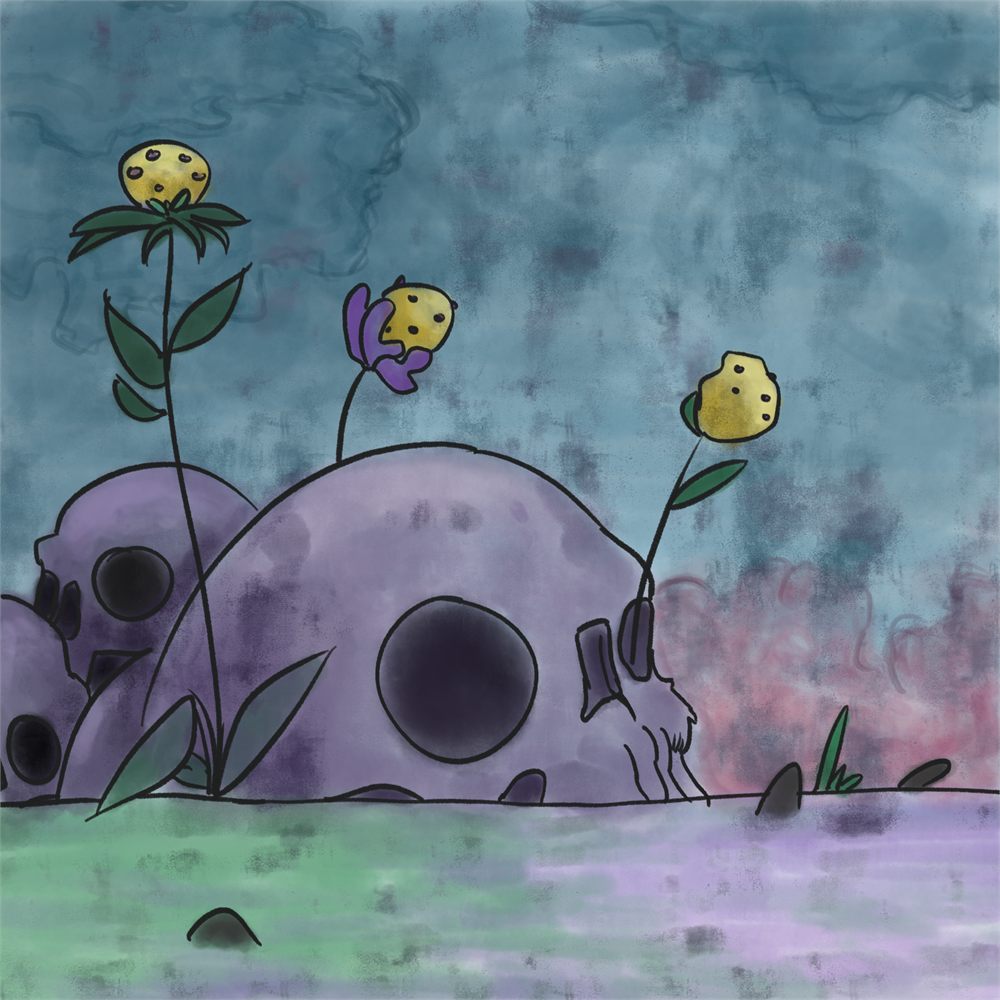 Digital painting of purple skulls in grass with yellow flowers growing up through them