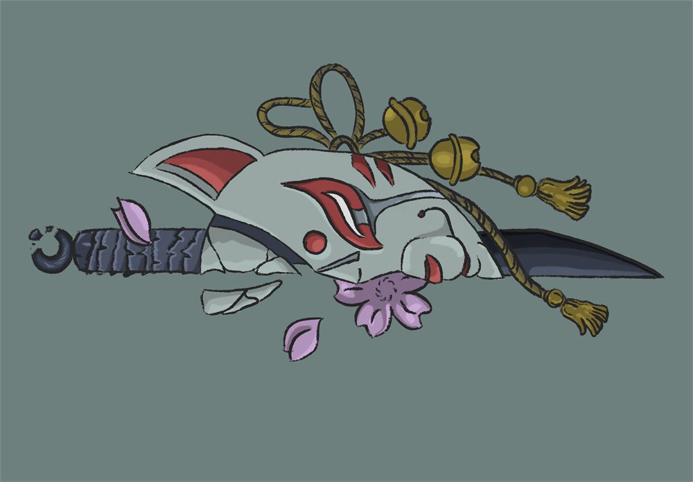 Digital illustration of a fox mask with red markings resting on a sheathed sword, with cherry blossom