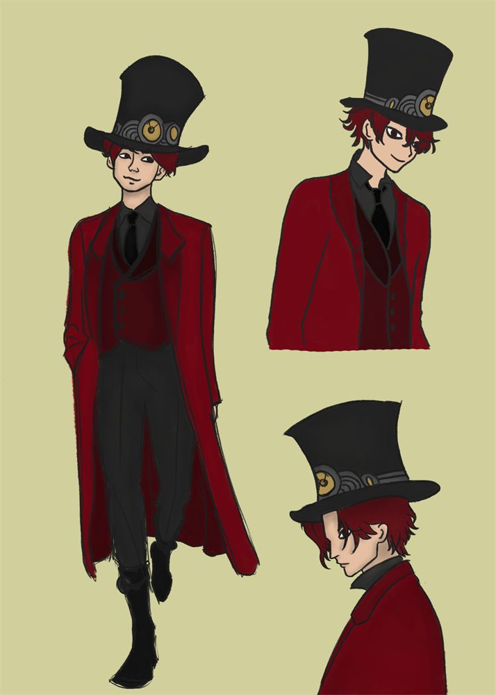 The player character in a long red coat and goggled top hat, drawn full-length and in profile