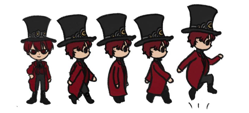 Five walk poses of the player lined up to check the silhouette reads at small size