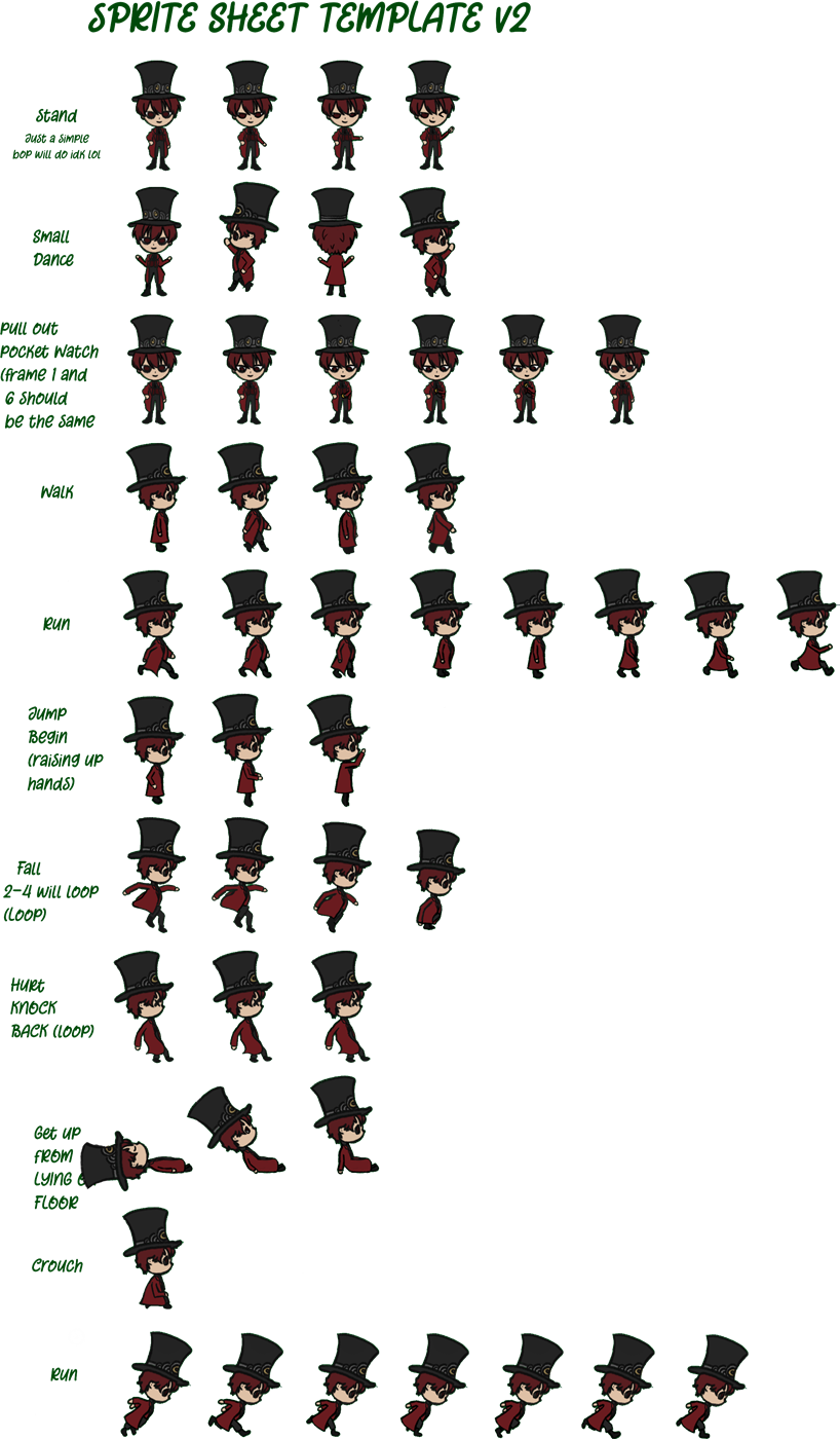 The player sprite sheet as it went into the build, with the green screen removed: eleven labelled animation rows including stand, small dance, pull out pocket watch, walk, run, jump, fall, hurt knockback, get up and crouch