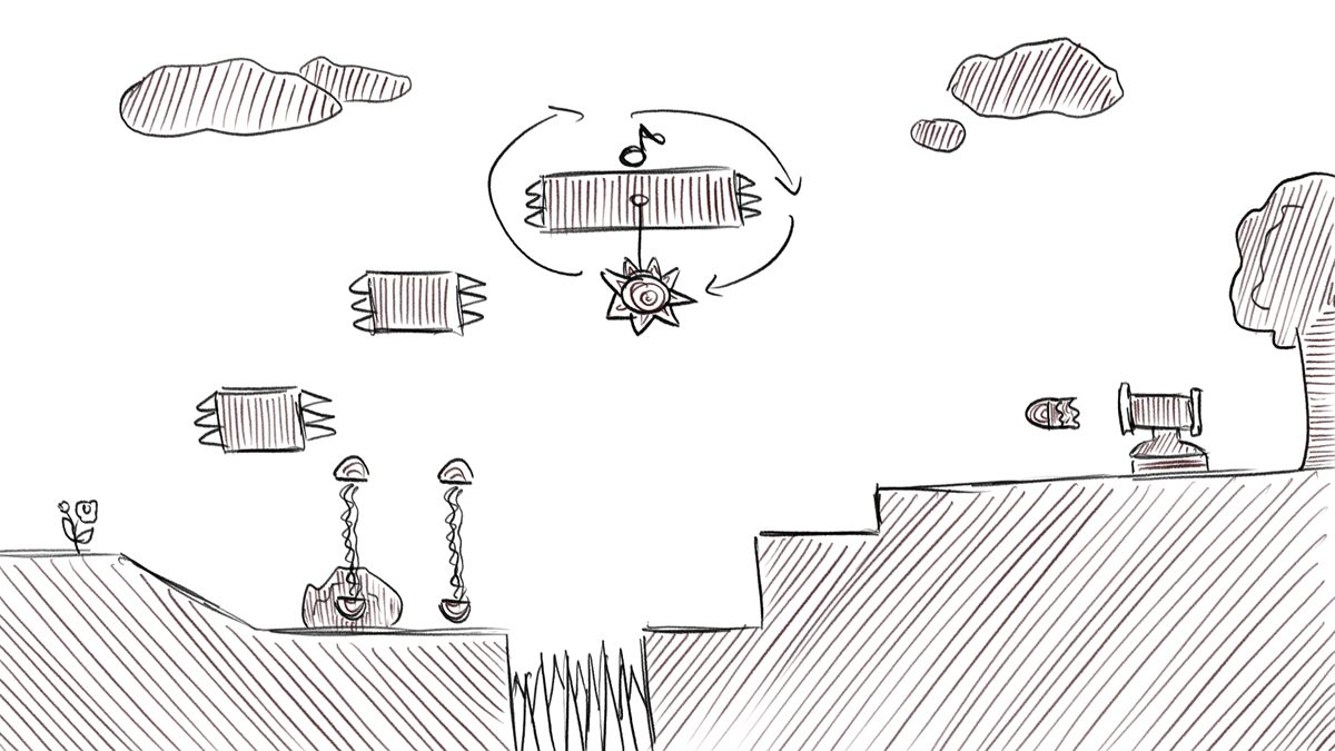 Quick level sketch: a wider, sparser layout with a swinging hazard and a stepped climb
