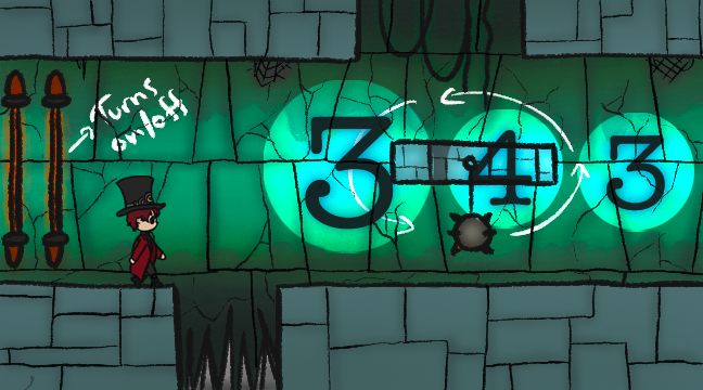 Painted level concept in green stone, with a switch marked turns on/off and three beat rings across the gap