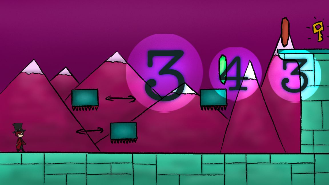 Painted level concept in magenta and green: beat rings numbered 3, 4 and 3 over sliding platforms, with a key at the exit