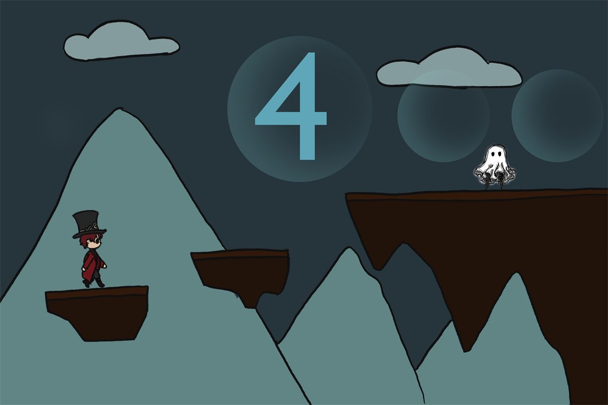 Painted level concept in muted grey-teal: floating islands stepped up toward a single beat ring