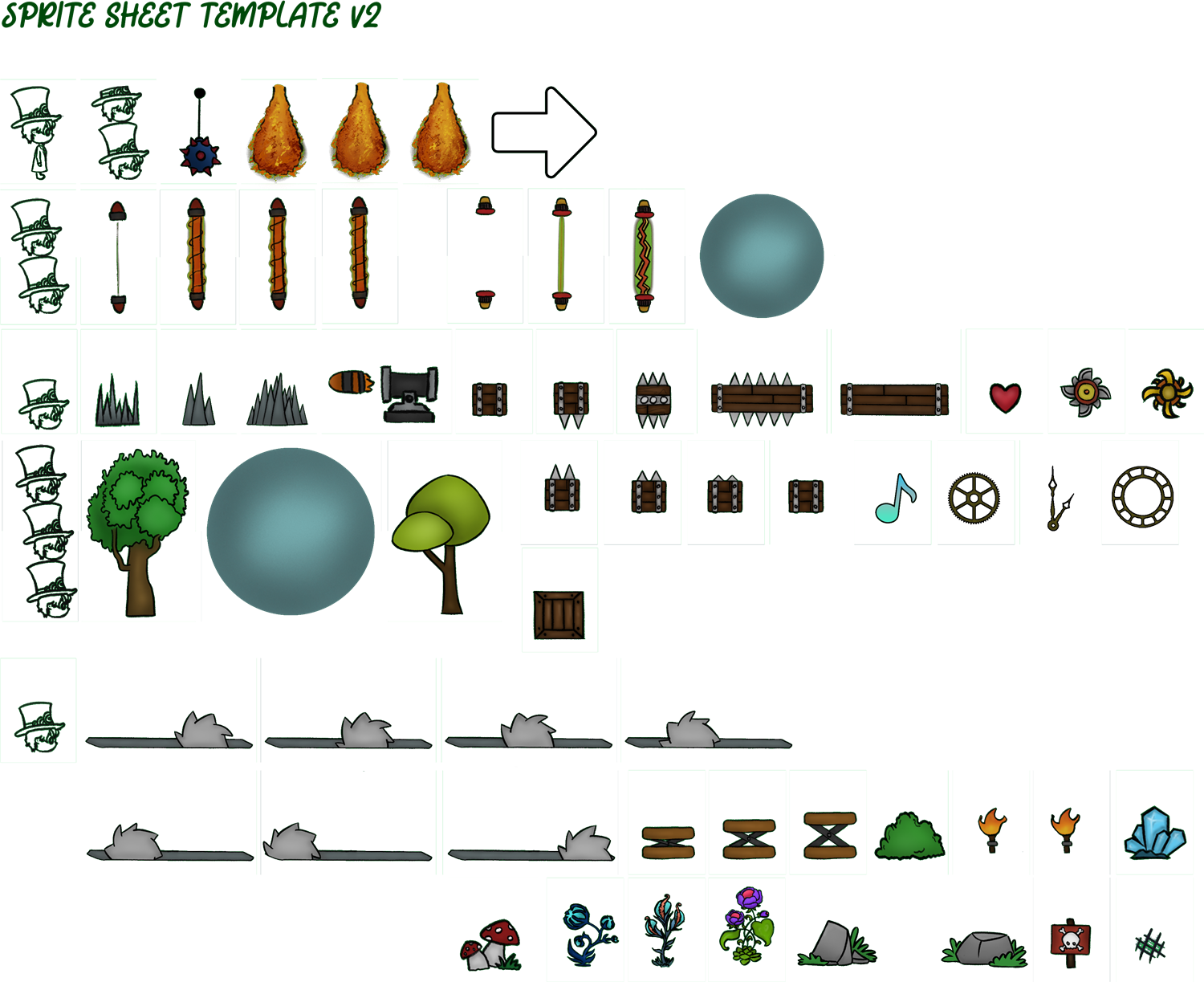 The object sprite sheet with the green screen removed: hazards and props including spiked bars, maces, flame plumes, saw blades, a cannon, crates, platforms, trees, bushes, flowers, rocks, torches, crystals, a heart pickup and a music note