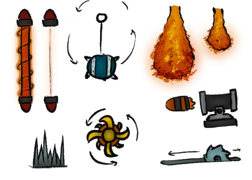Obstacle exploration sheet: hand-drawn passes at spiked rollers, a swinging mace, flame jets, a saw blade, a cannon, spikes and a snare
