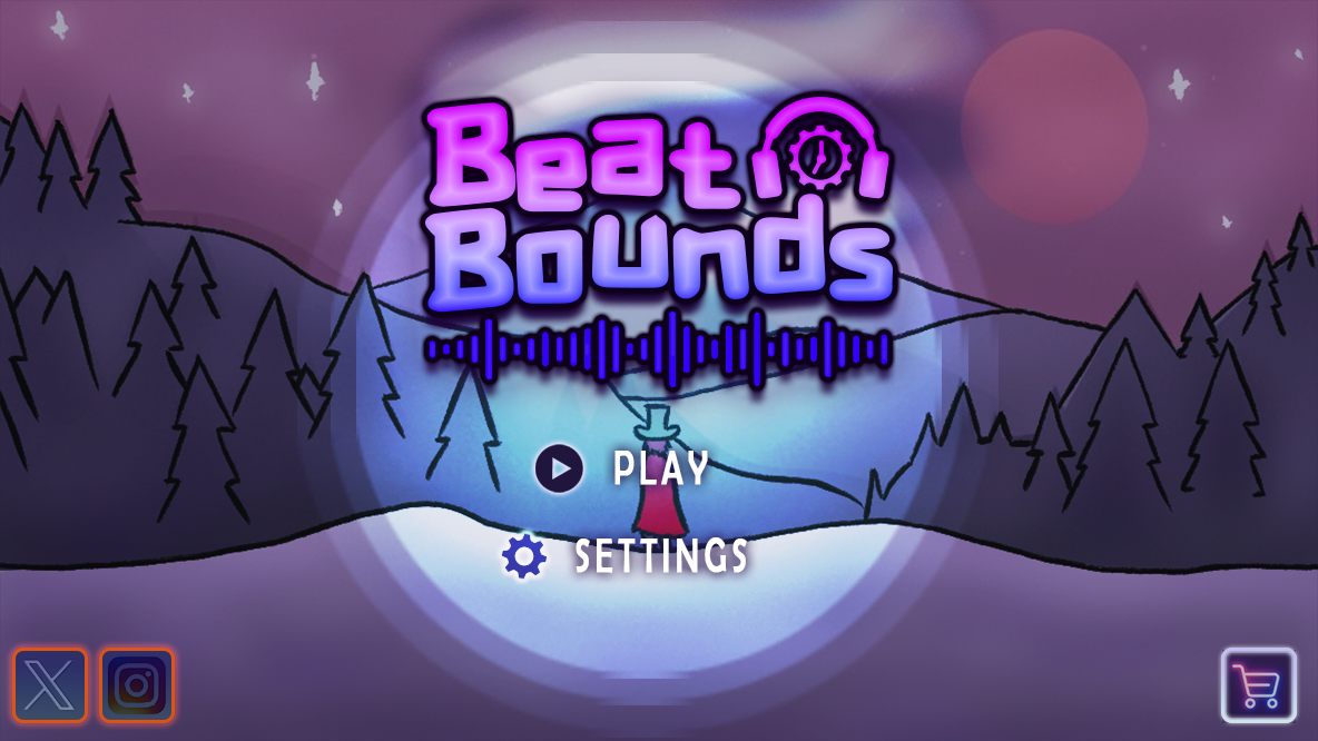 Title screen: the BeatBounds wordmark over a waveform, Play and Settings, social links and a shop button, on a moonlit pine-forest ridge