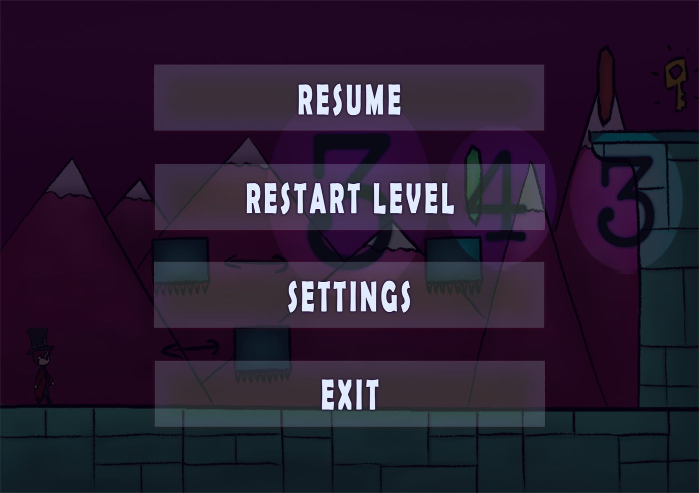 Pause menu over a stone-ruins level: Resume, Restart Level, Settings and Exit, with the life hearts still showing top-left