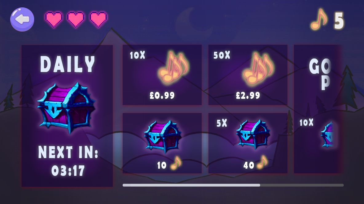 The shop screen: a daily chest on a countdown, note-currency packs at two price points and chest bundles, under the hearts and note counter