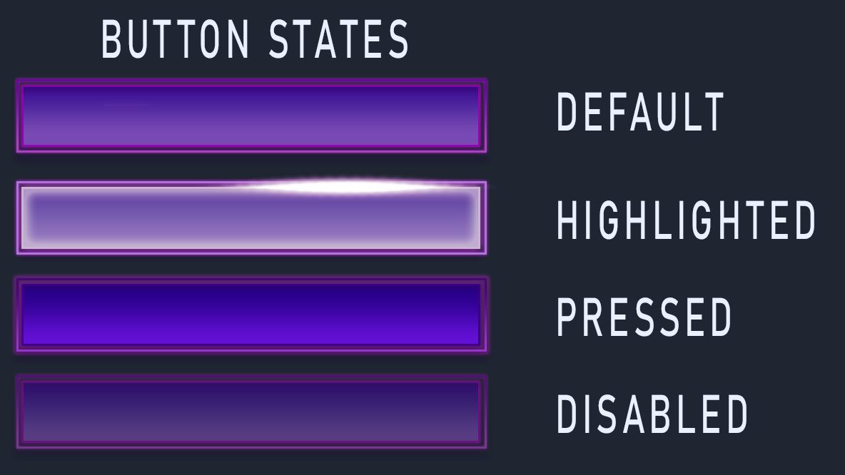Button state sheet: default, highlighted, pressed and disabled drawn for the purple primary button