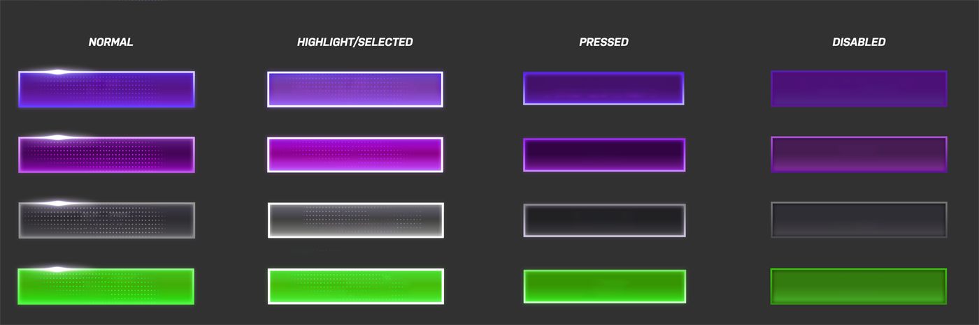 The full button matrix: normal, highlight/selected, pressed and disabled across the purple, magenta, grey and green button colours