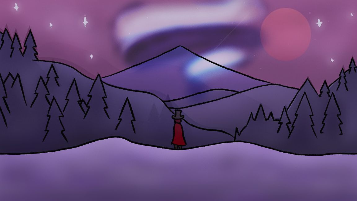 Painted level background: an aurora over layered mountains and pine silhouettes in violet and rose, with a small tower on the ridge
