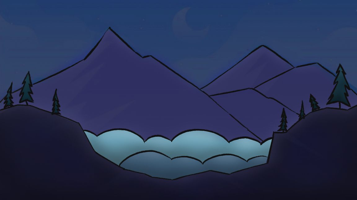 Painted level background: deep blue mountains under a crescent moon, with a pale teal lake in the valley below