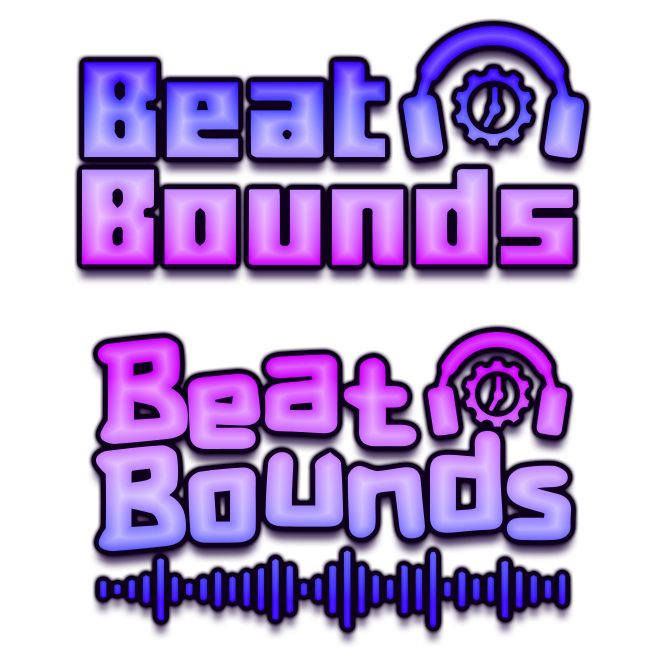 The finished BeatBounds logo in violet and magenta with the headphone-and-gear mark, shown with and without the waveform