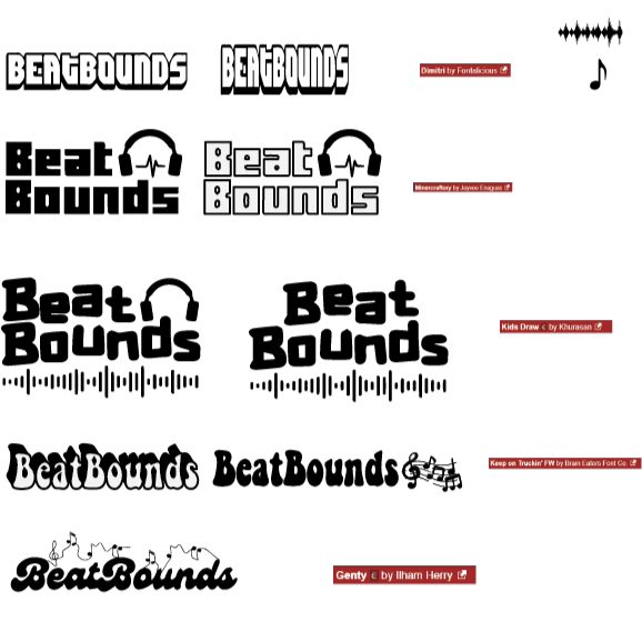 Typeface exploration sheet: the wordmark set in a dozen candidate faces, each annotated in red with the font name