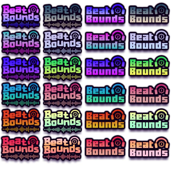 Colourway sheet: twenty-four palette variants of the final logo tested against black
